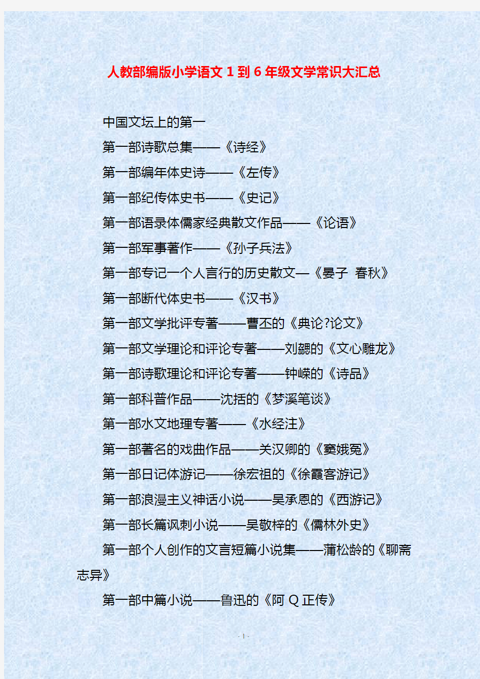 人教部编版小学语文1到6年级文学常识大汇总