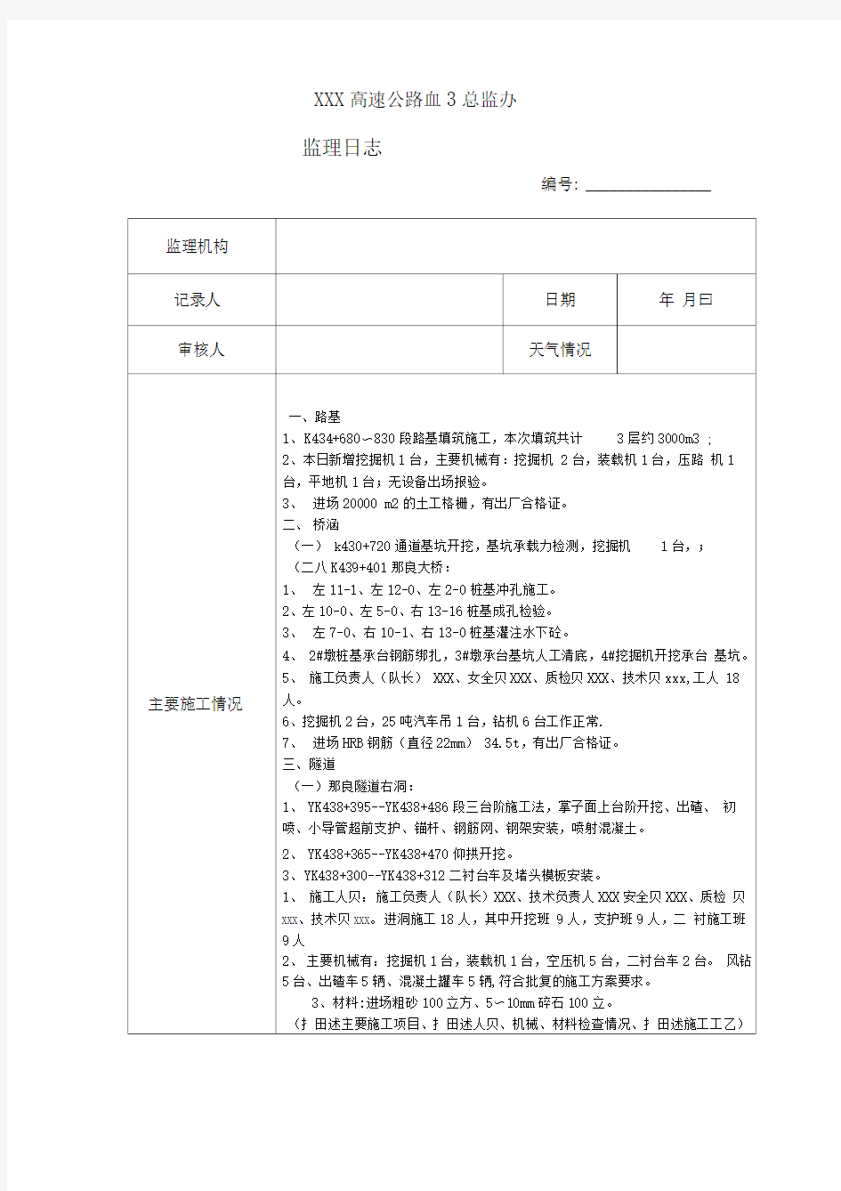 2016年新监理规范高速路监理日志范本