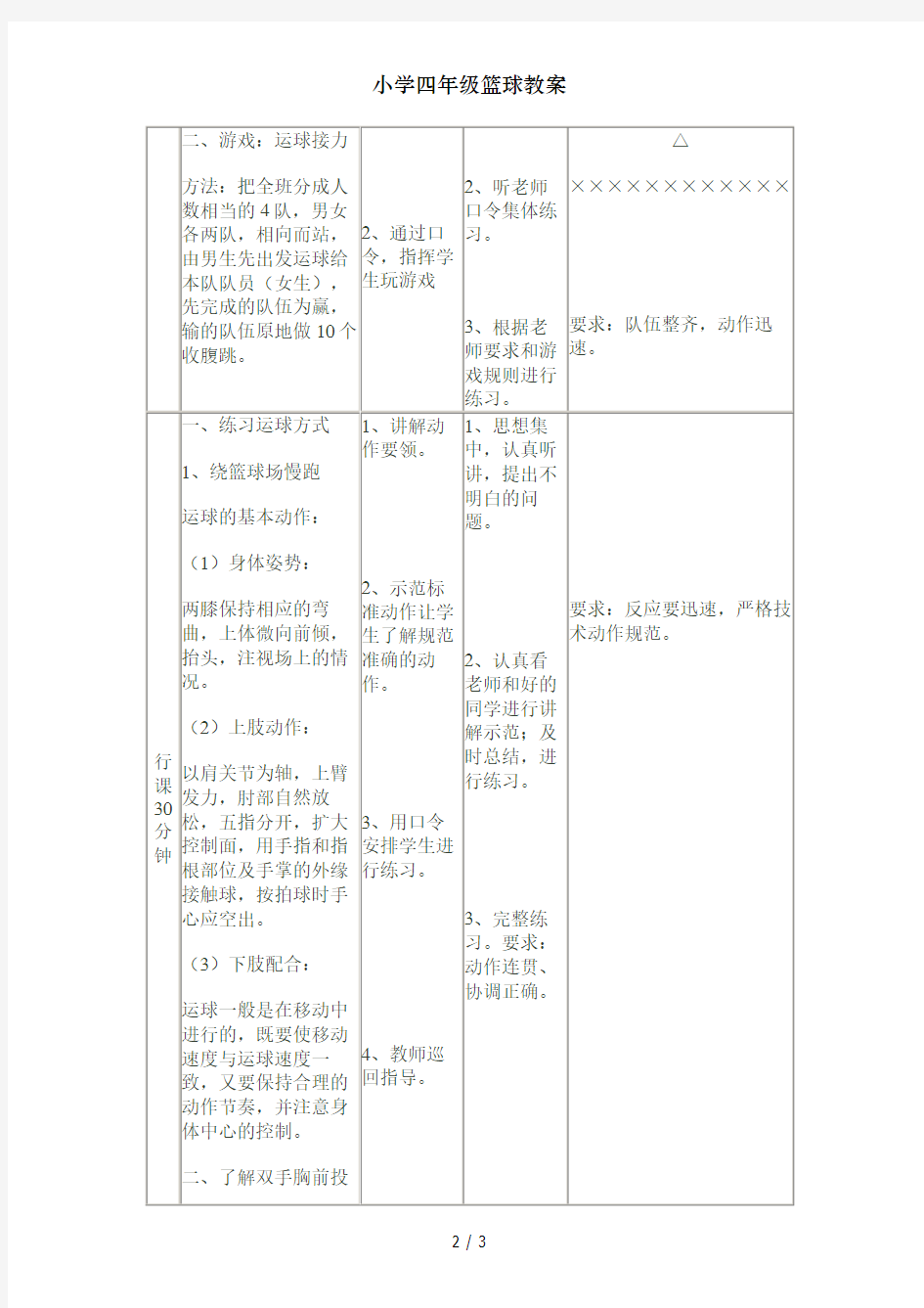 小学四年级篮球教案