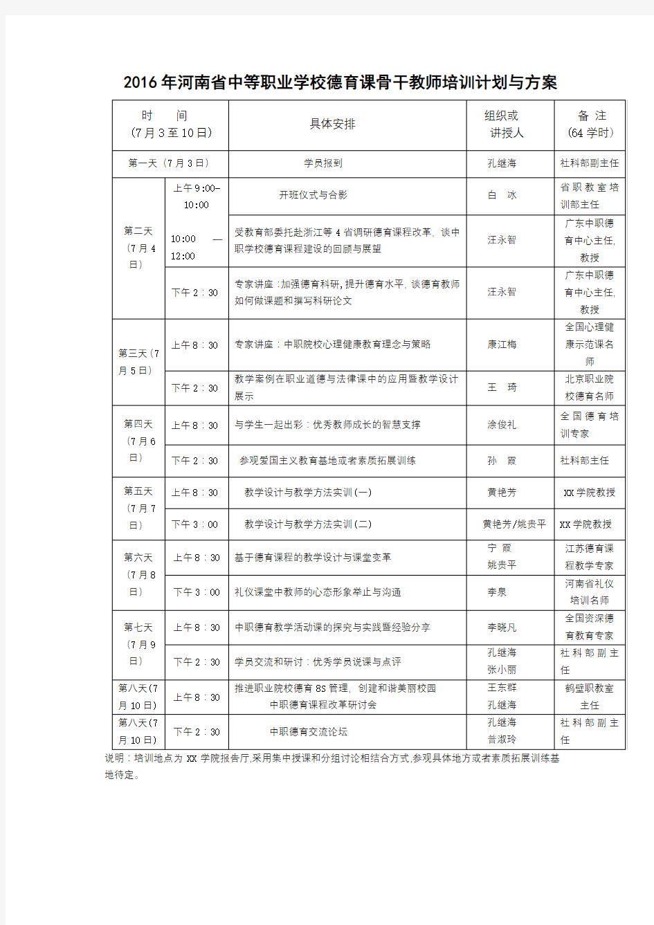 2016年河南省中等职业学校德育课骨干教师培训计划与方案【模板】