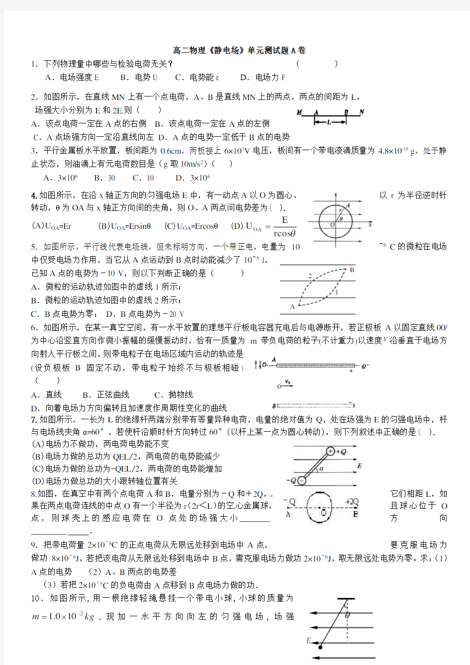 高二物理《静电场》单元测试题(附答案)