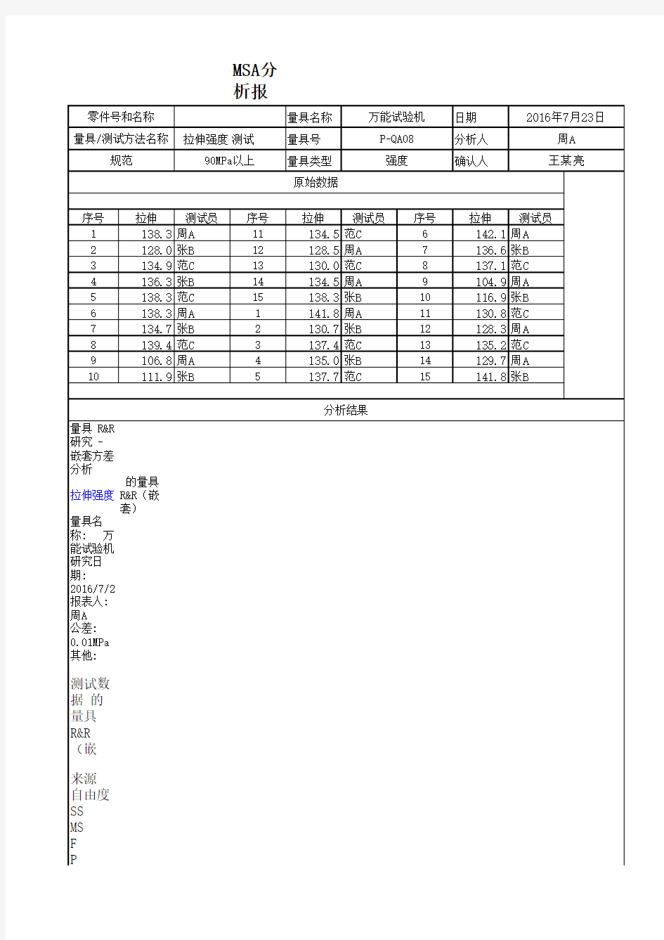 破坏型测量系统分析报告