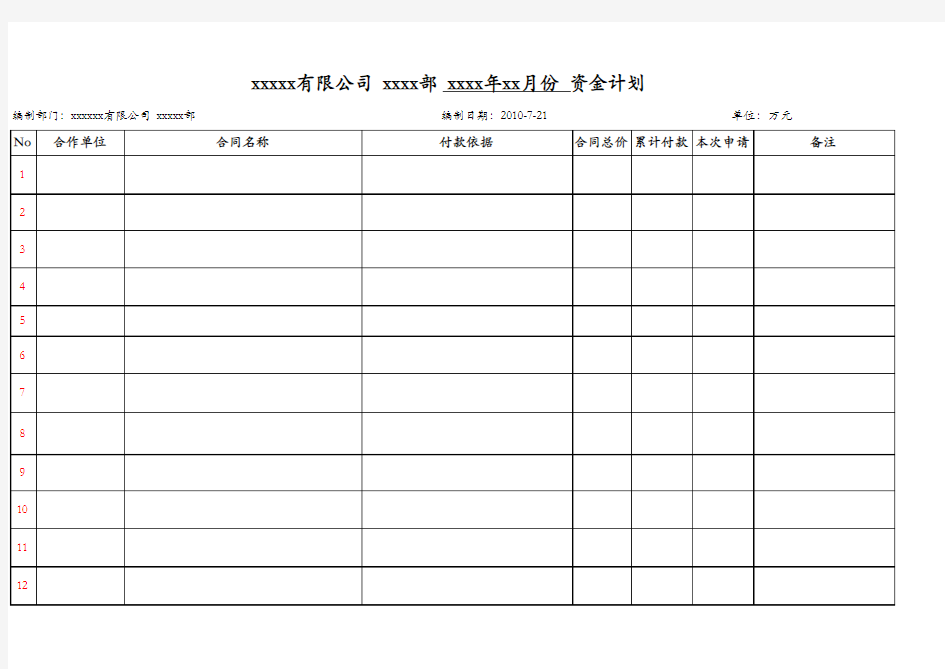 相关费用支付台帐表格