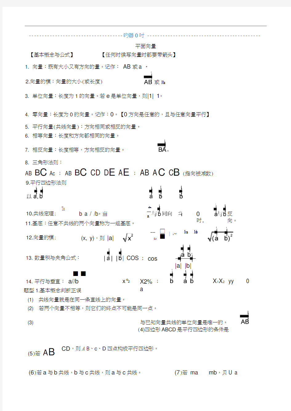 高中数学必修4平面向量知识点总结与典型例题归纳