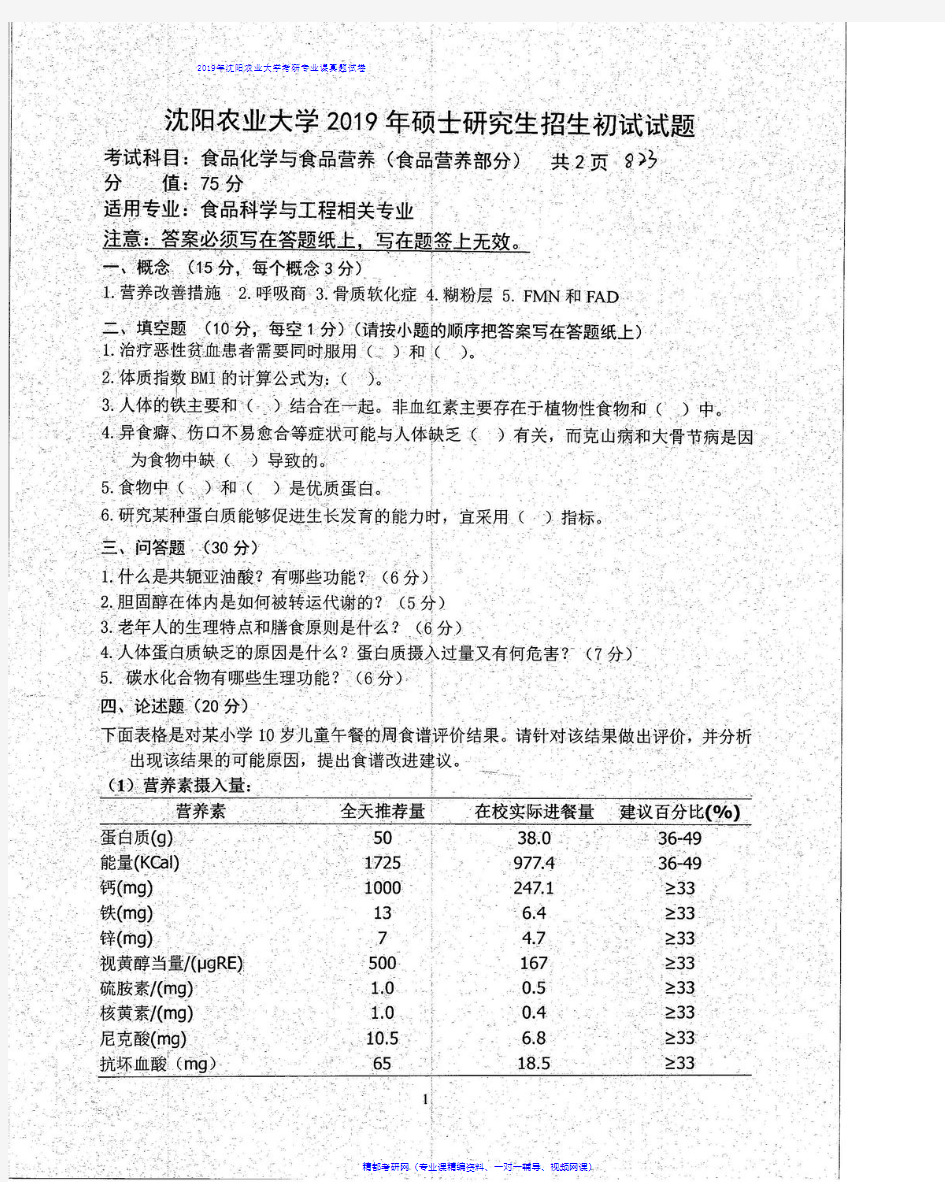 沈阳农业大学823食品化学与食品营养2019年考研专业课真题试卷