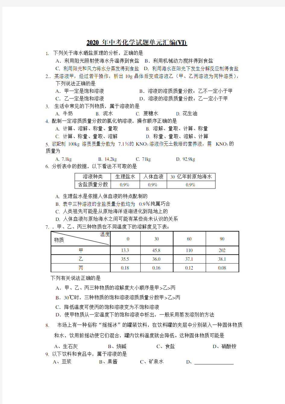 2020年中考化学试题单元汇编(VI)