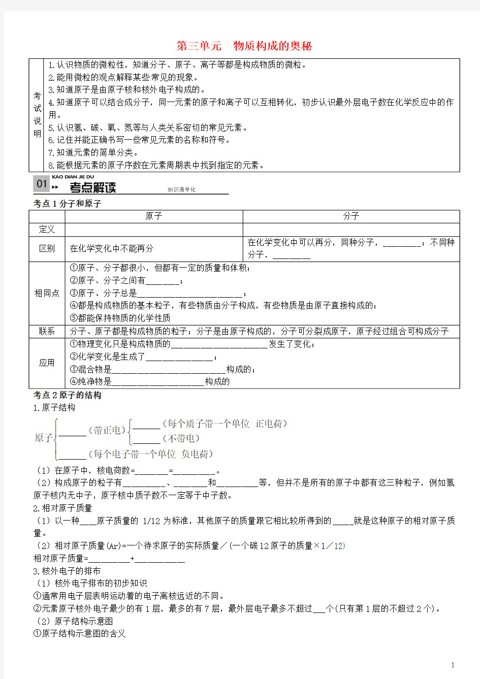 云南省2016中考化学 教材考点梳理 第三单元 物质构成的奥秘 新人教版