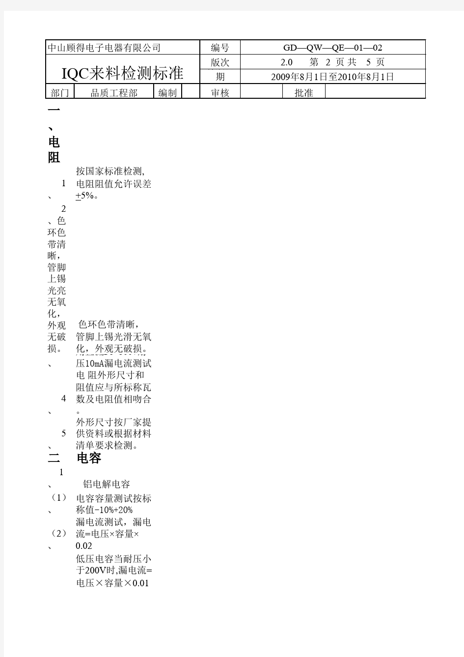 IQC来料检测标准