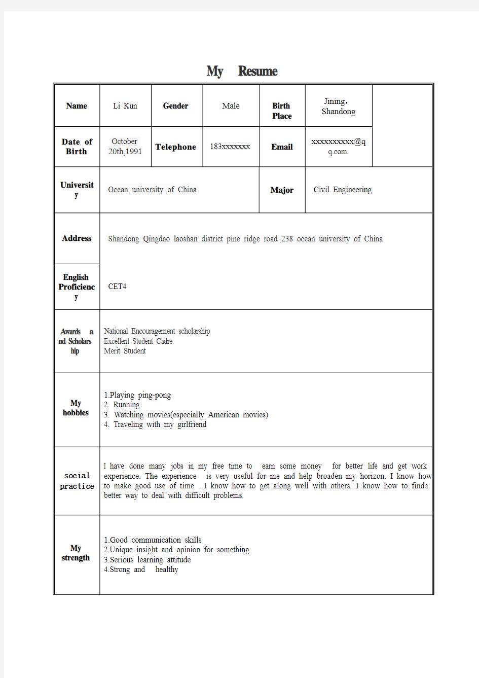 英语个人简历 My Resume