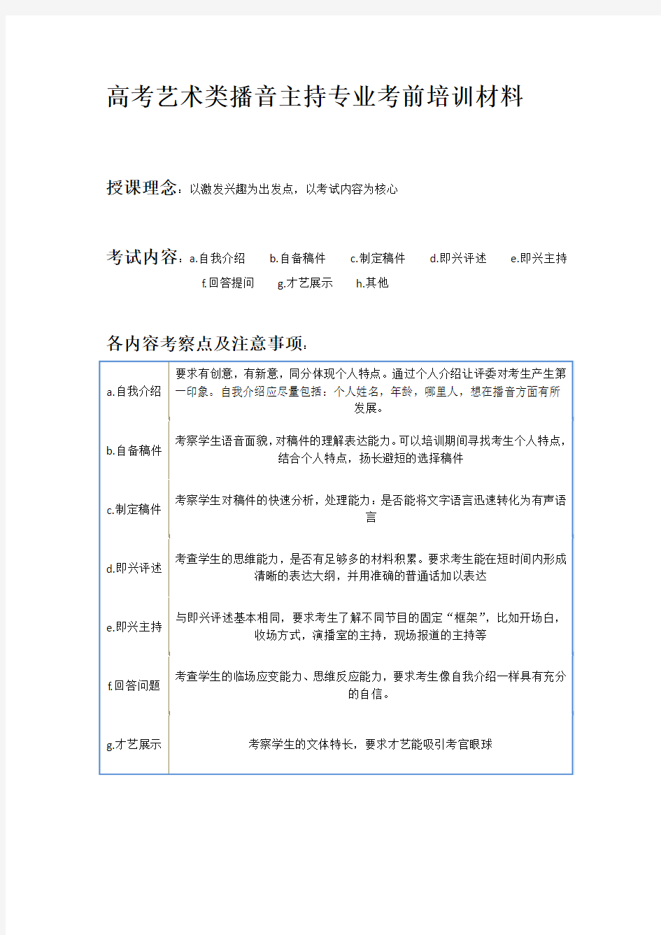 高考艺术类播音主持专业考前培训材料