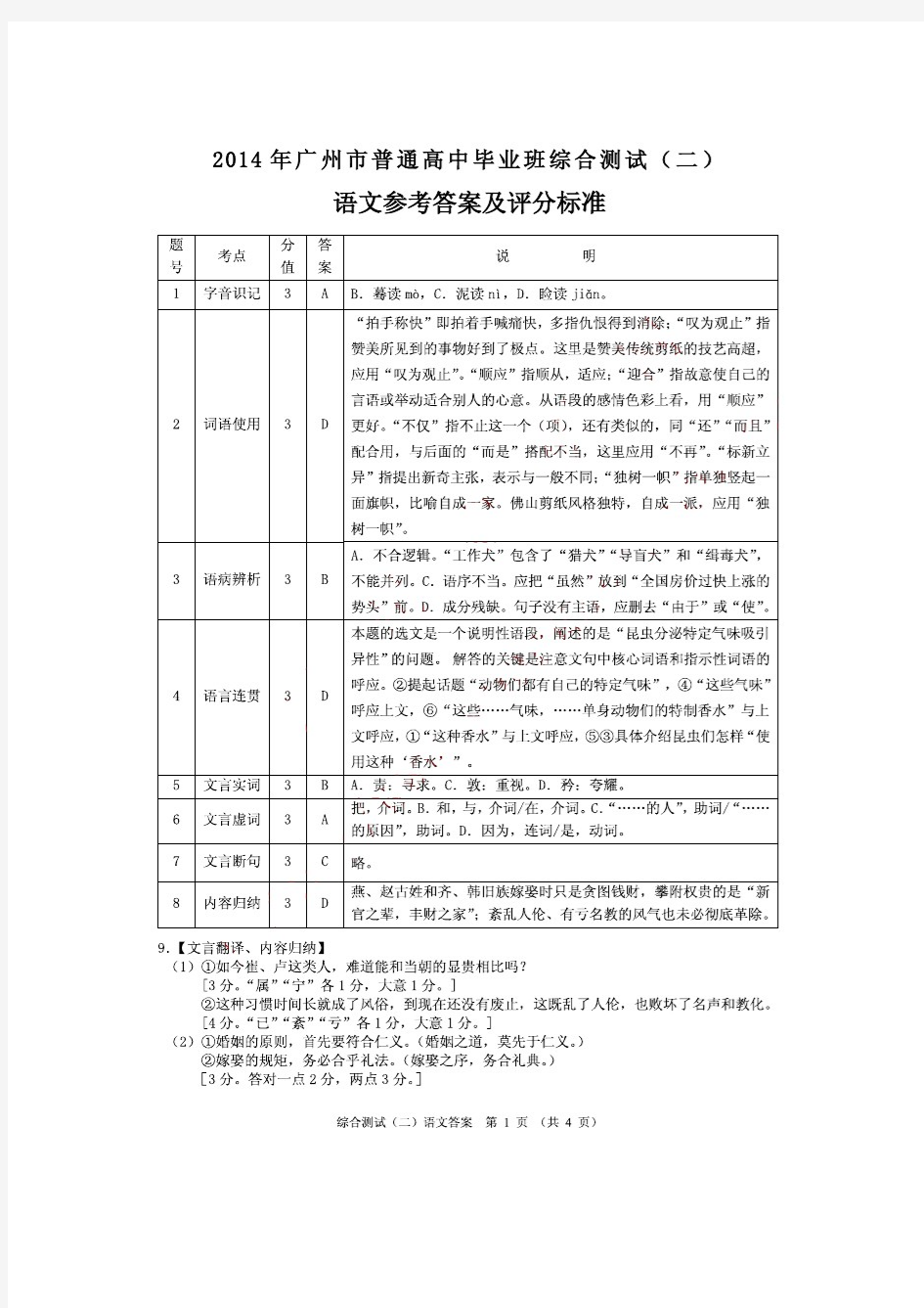 【2014广州二模】2014年广东省广州市普通高中毕业班综合测试(二)语文答案