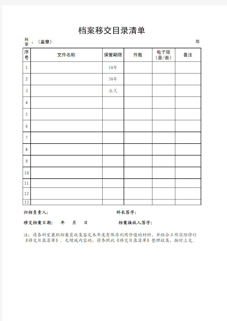 档案移交目录清单