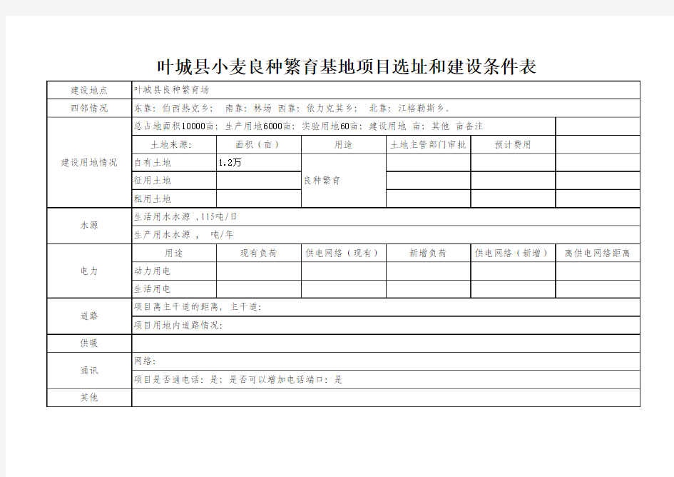 项目选址和建设条件表