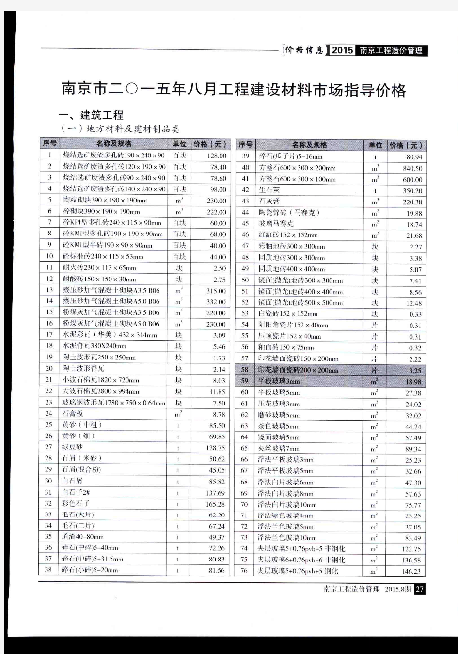南京市材料信息指导价2015年8月