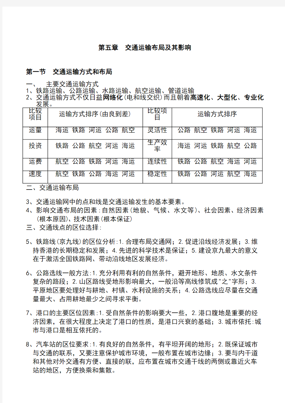 (完整版)交通运输布局及其影响知识点总结