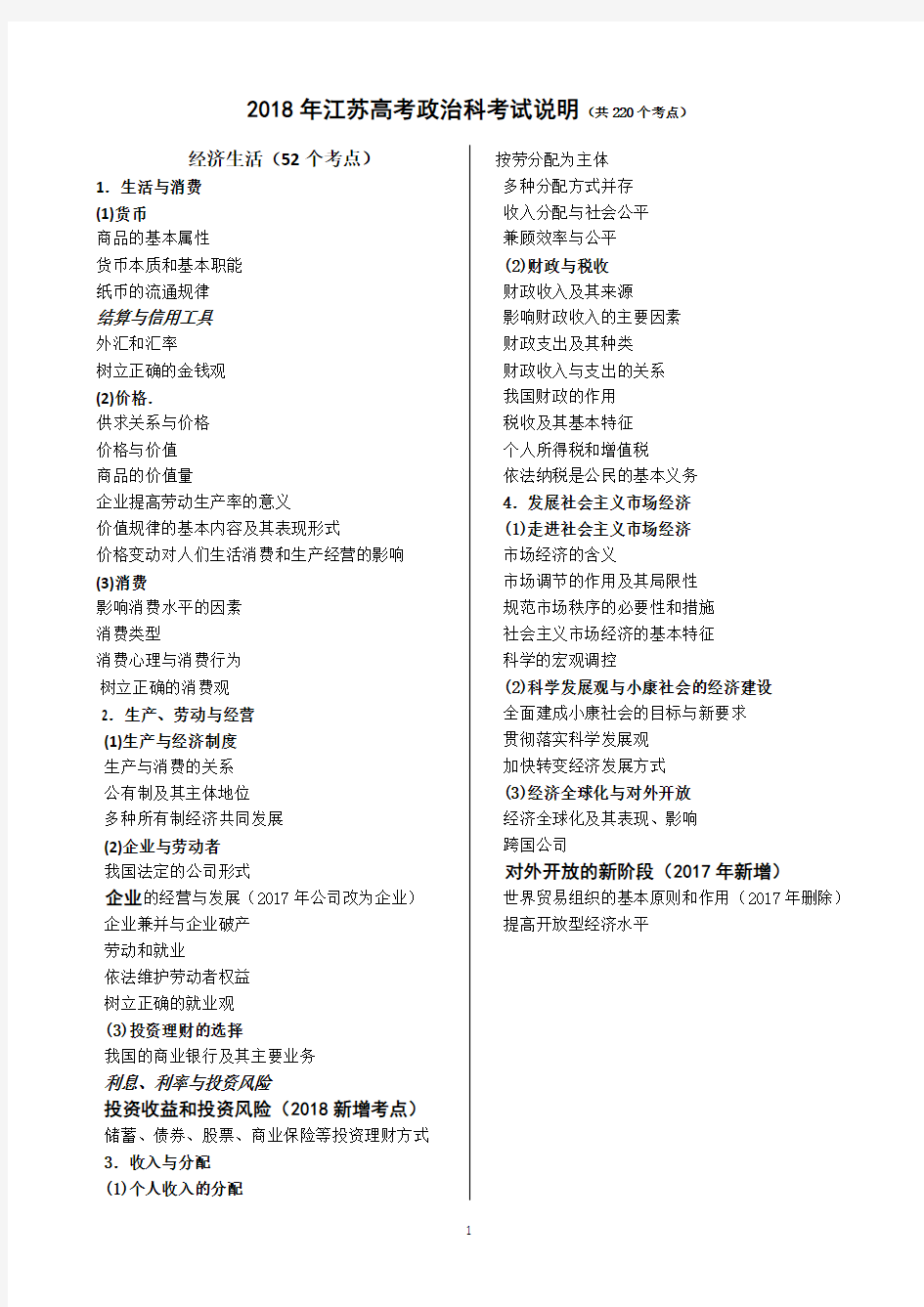 2018年江苏高考政治科考试说明