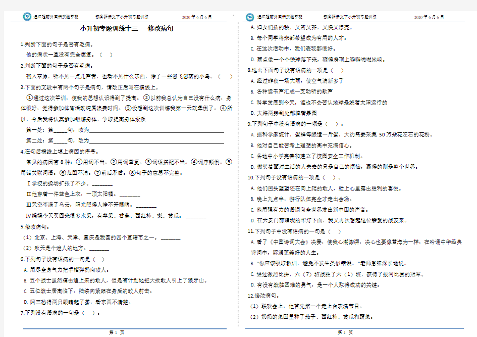 小升初专题训练13：修改病句 部编版(含答案)