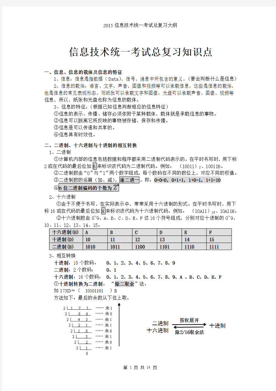 信息技术统一考试总复习知识点汇总