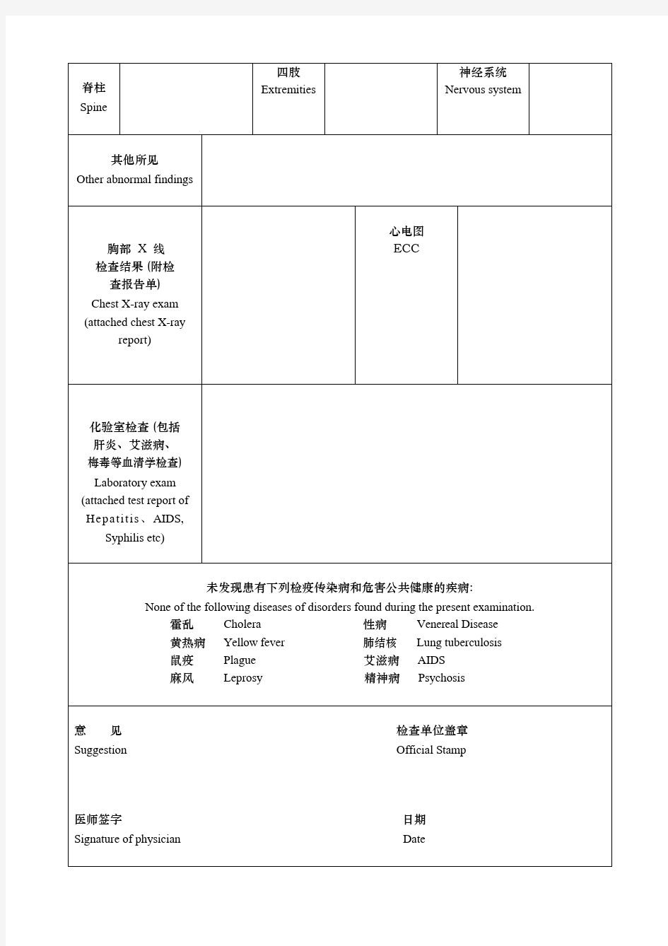 四川大学入学申请体检表