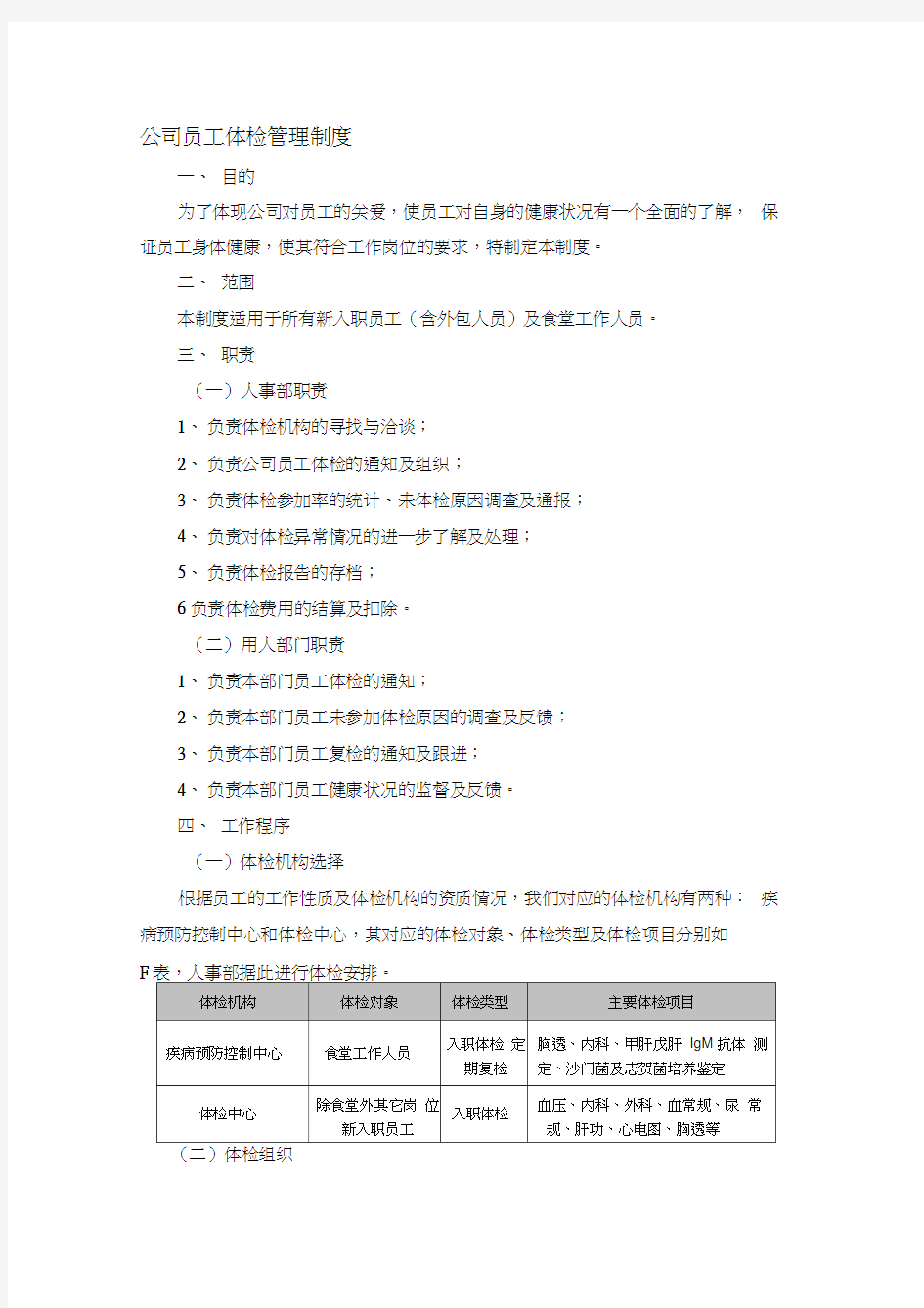 公司员工体检管理制度