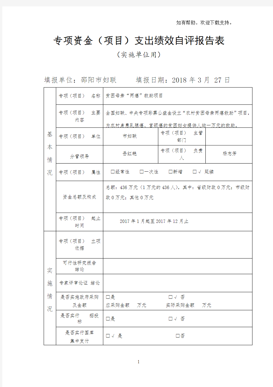 专项资金项目支出绩效自评报告表