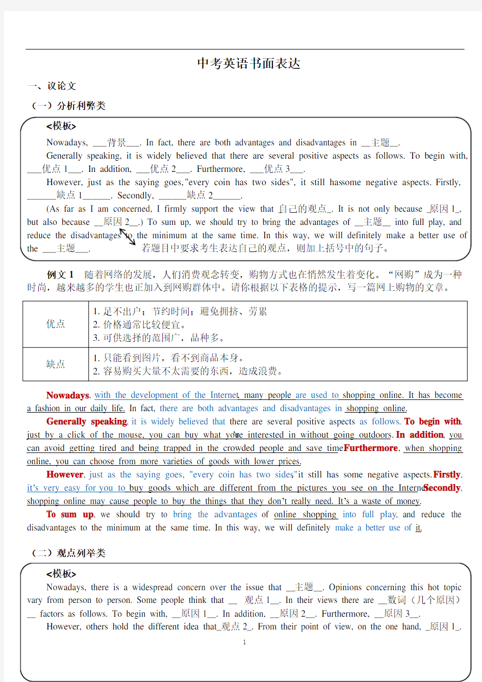 深圳中考英语作文各种体裁框架范文