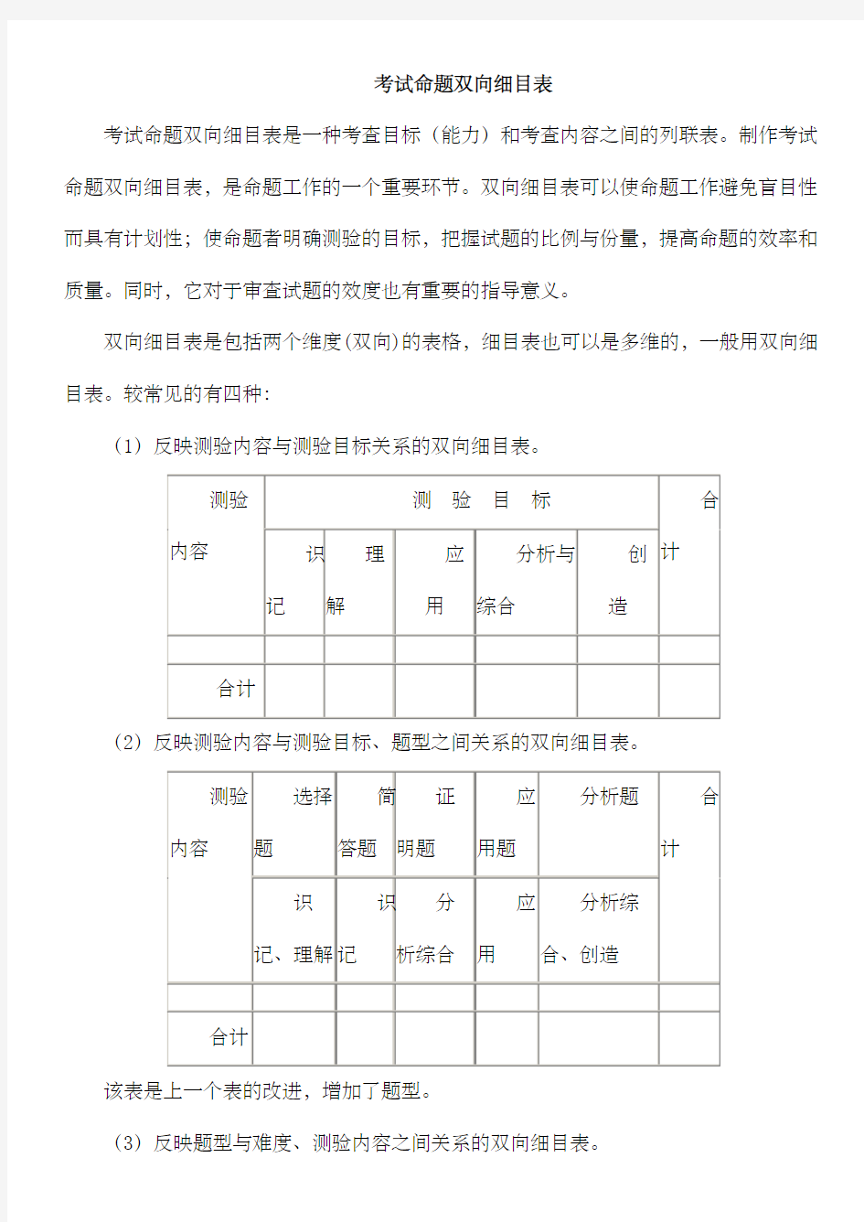 考试命题双向细目表