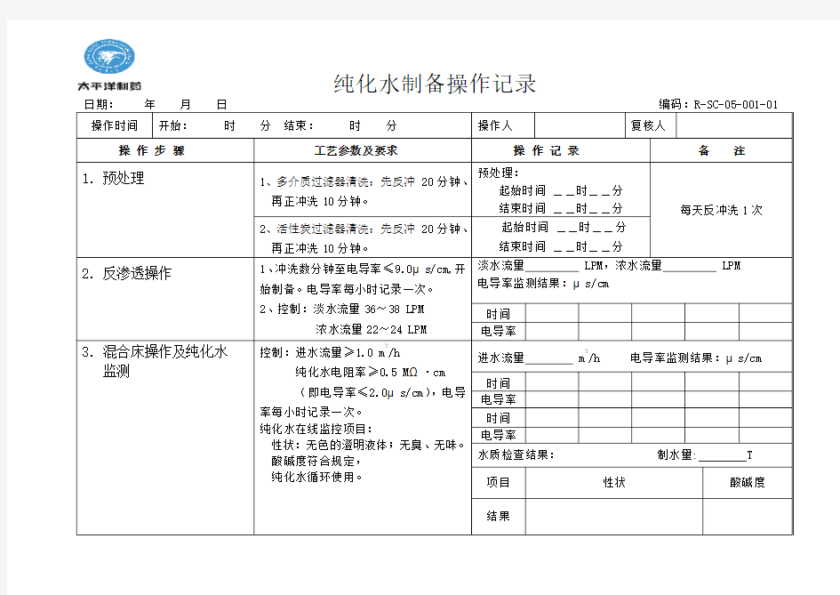 纯化水制备操作记录