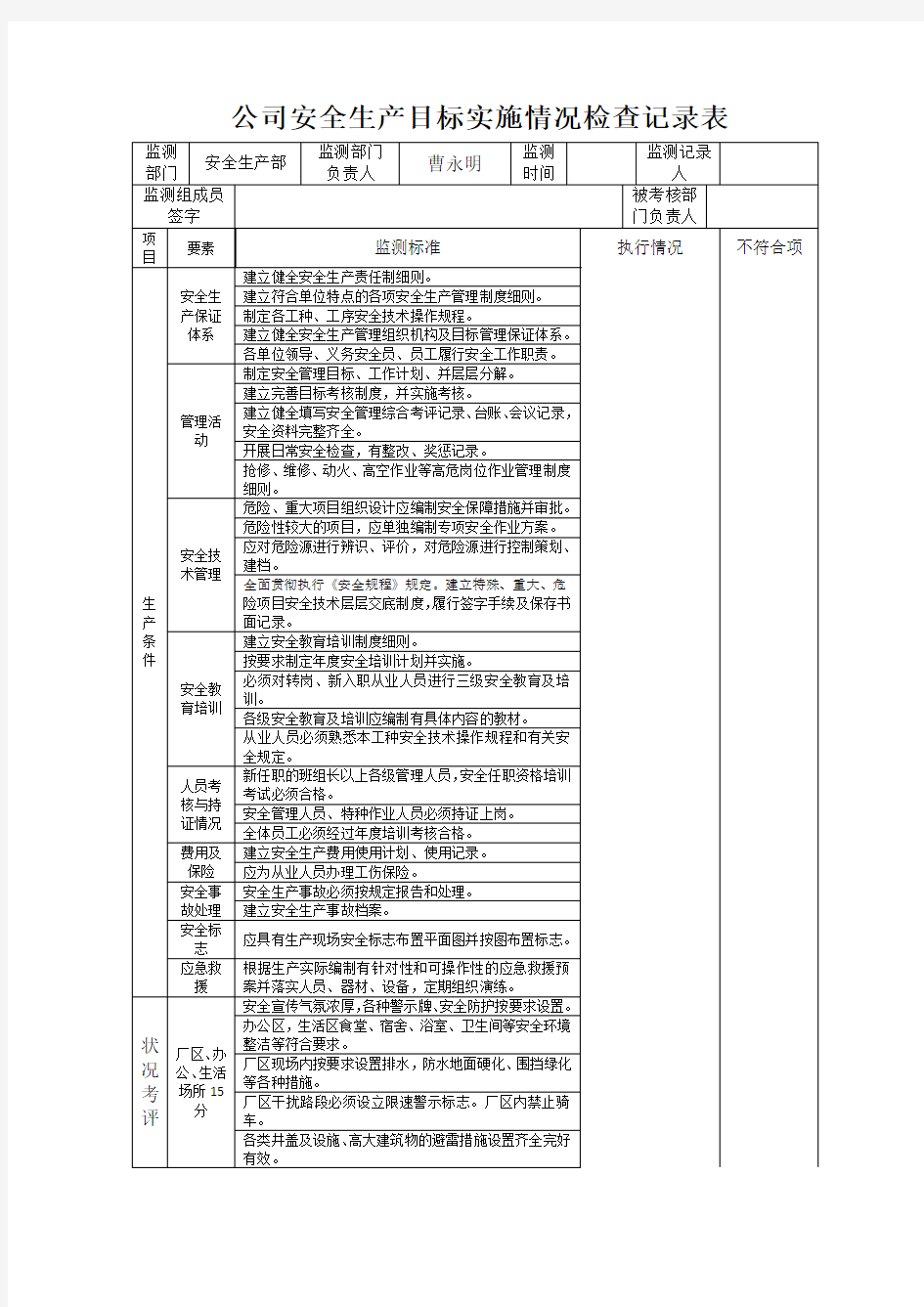 公司安全生产目标实施情况检查记录表