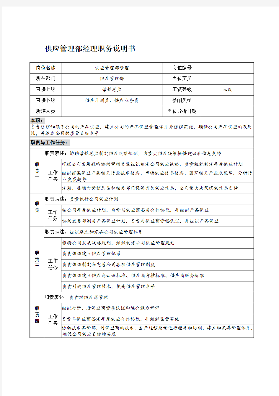 供应管理部经理岗位职责