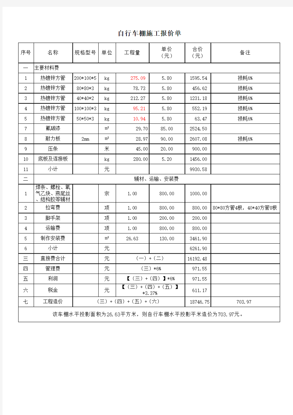 自行车棚报价单11.5