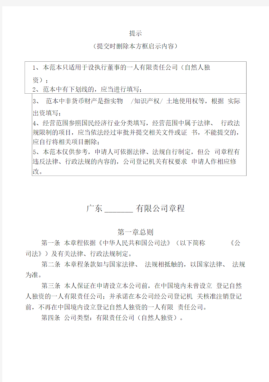 一人自然人独资公司章程参考范本适用于设执行董事