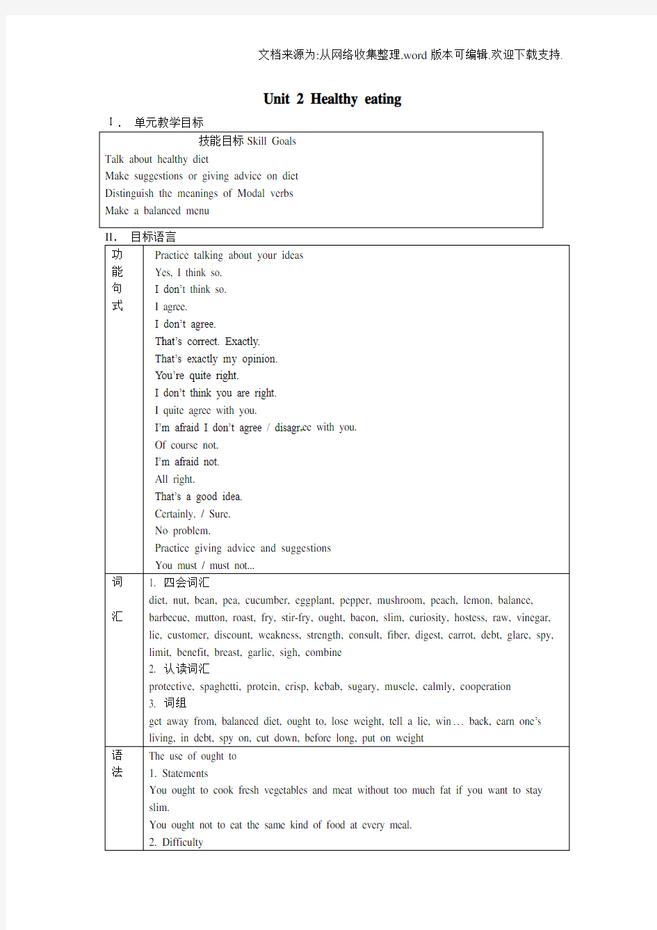 人教版高中英语必修三Unit2Healthyeatingword全单元教案