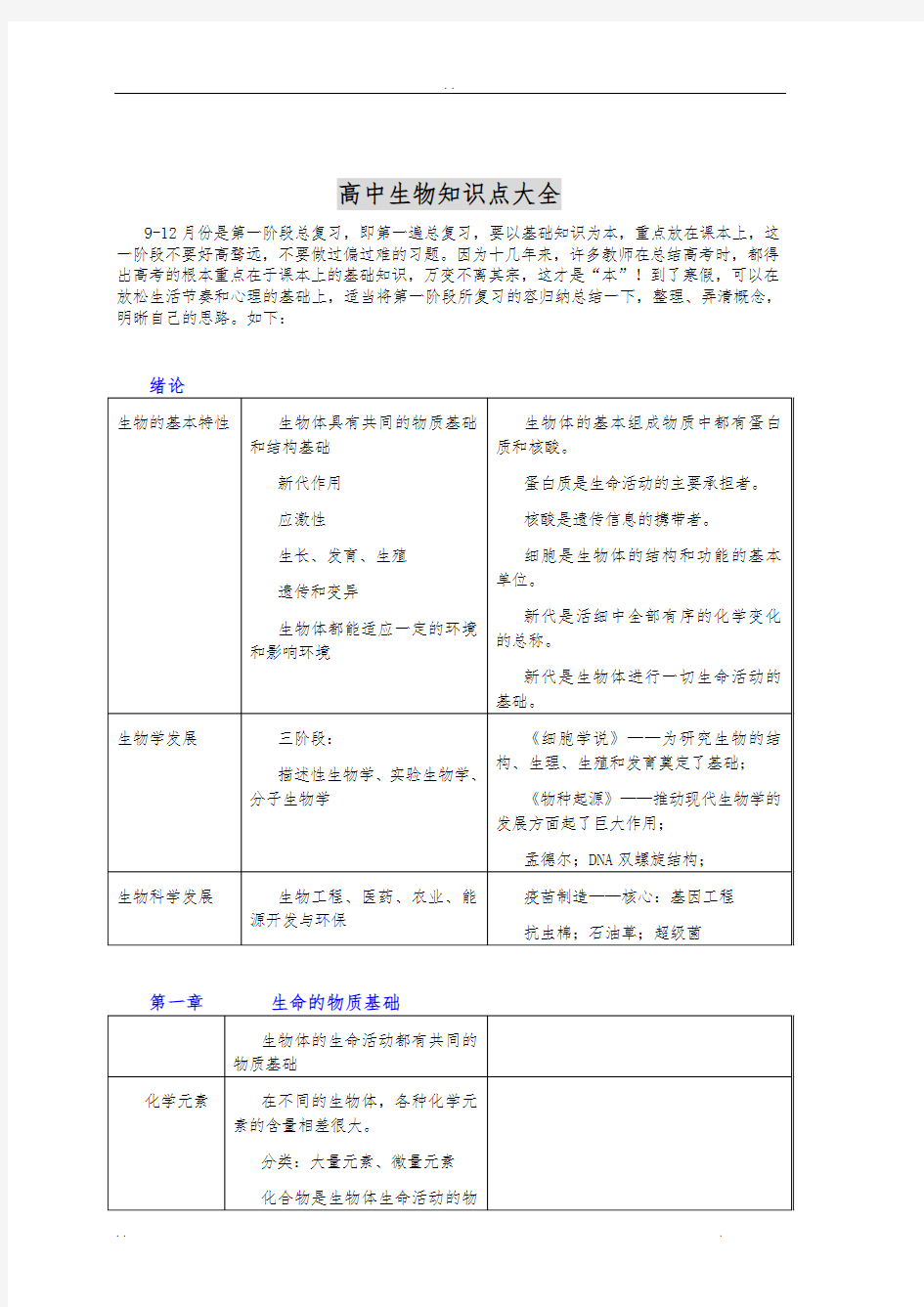 高中生物知识点大全