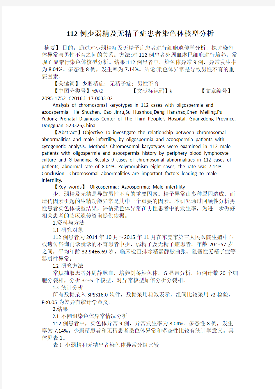 112例少弱精及无精子症患者染色体核型分析