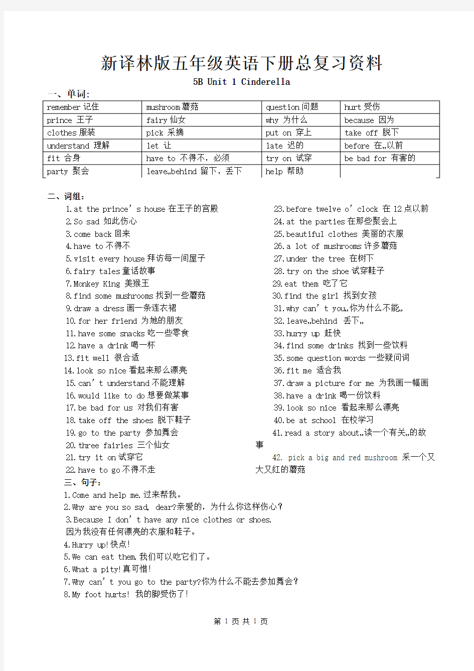 新译林版五年级英语下册总复习资料(全册)