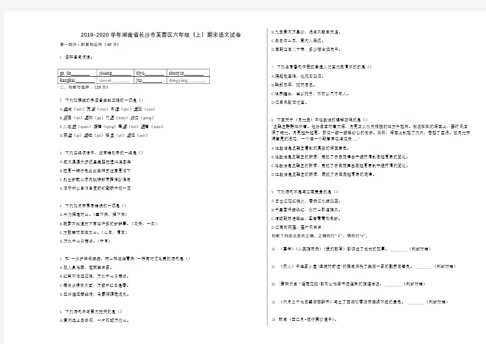 2019-2020学年湖南省长沙市芙蓉区六年级(上)期末语文试卷