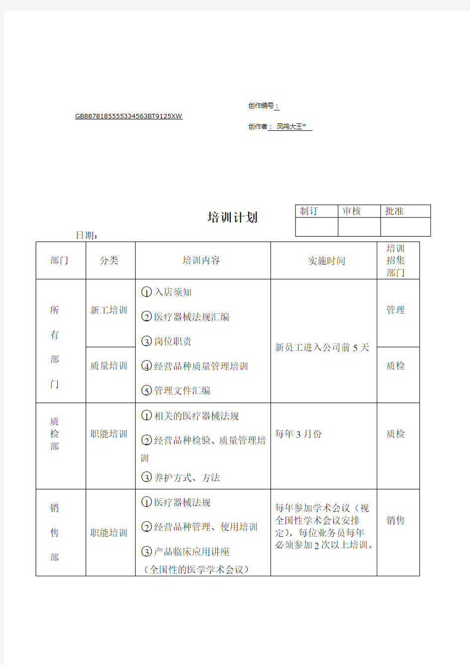 22医疗器械员工培训记录表