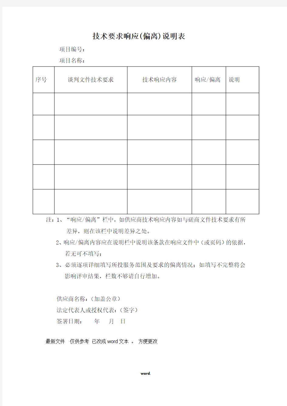 技术要求响应偏离表模版.(精选)