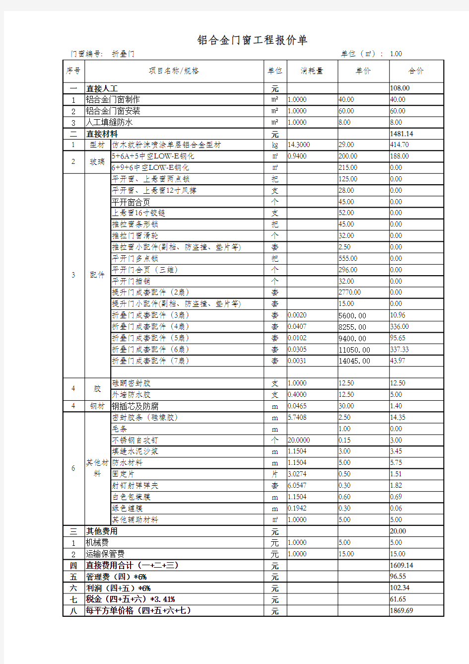 铝合金门窗---工程报价-每平方单价组成表