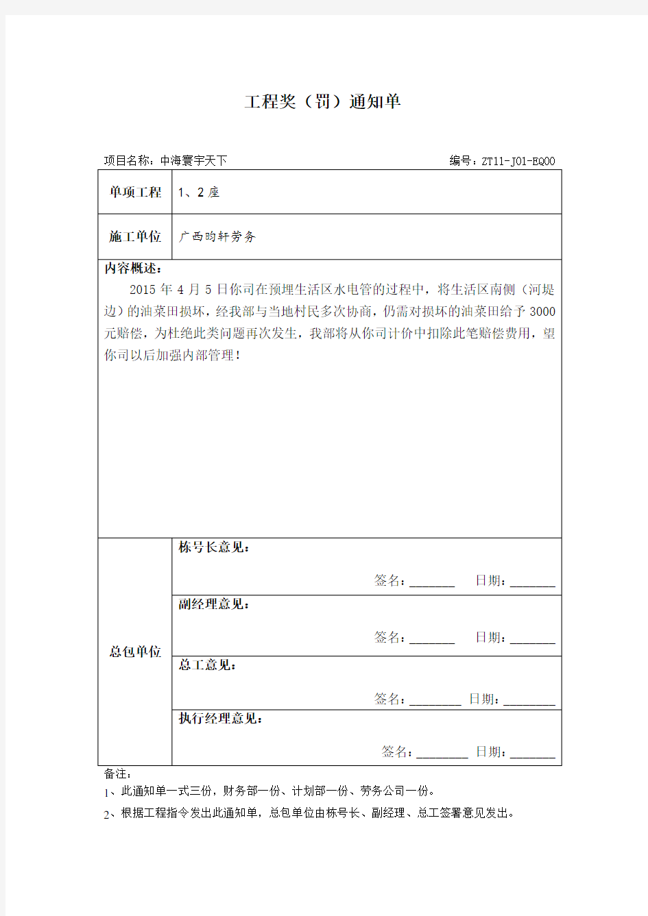 工程奖罚通知单