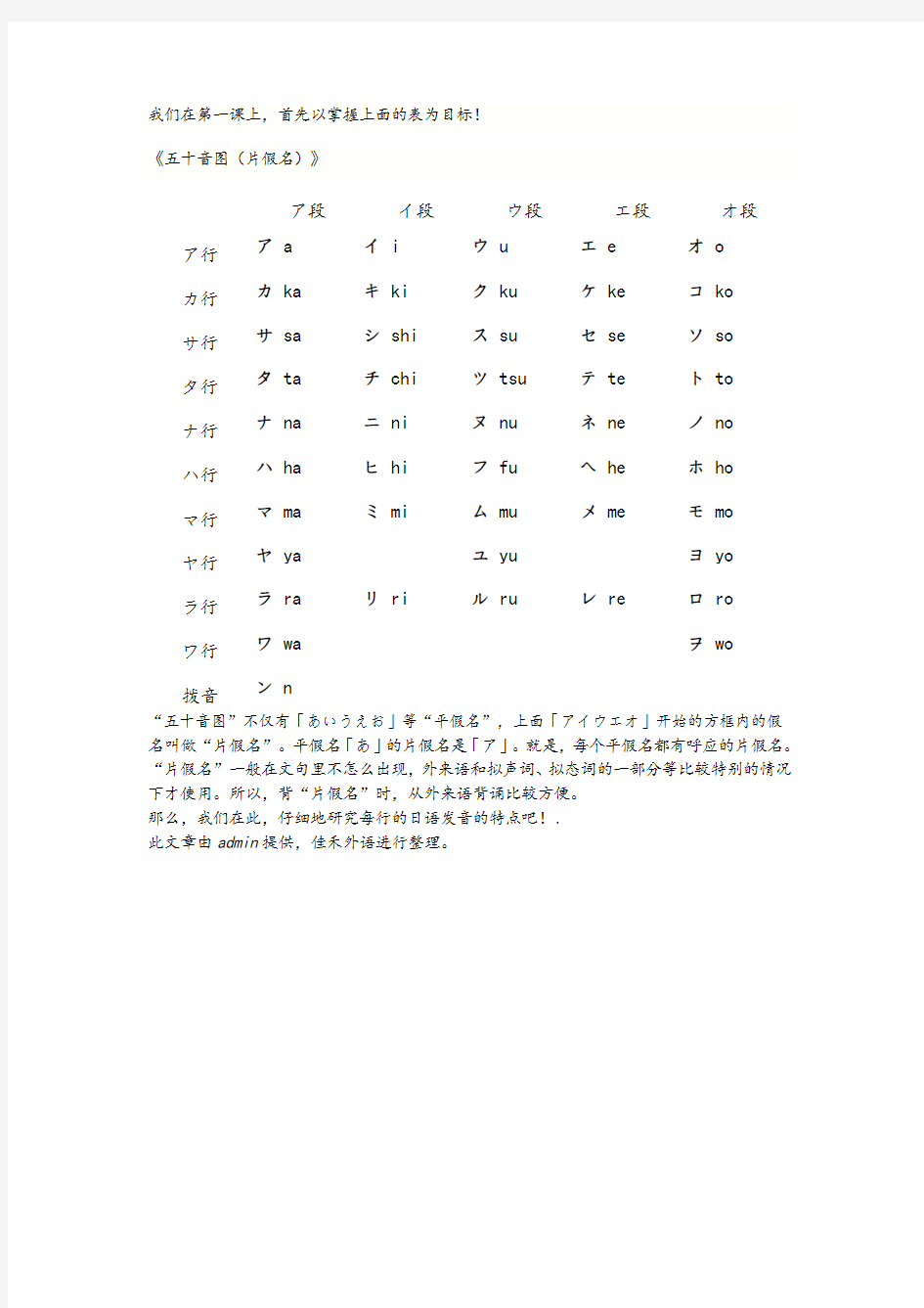 日语五十音图打印版