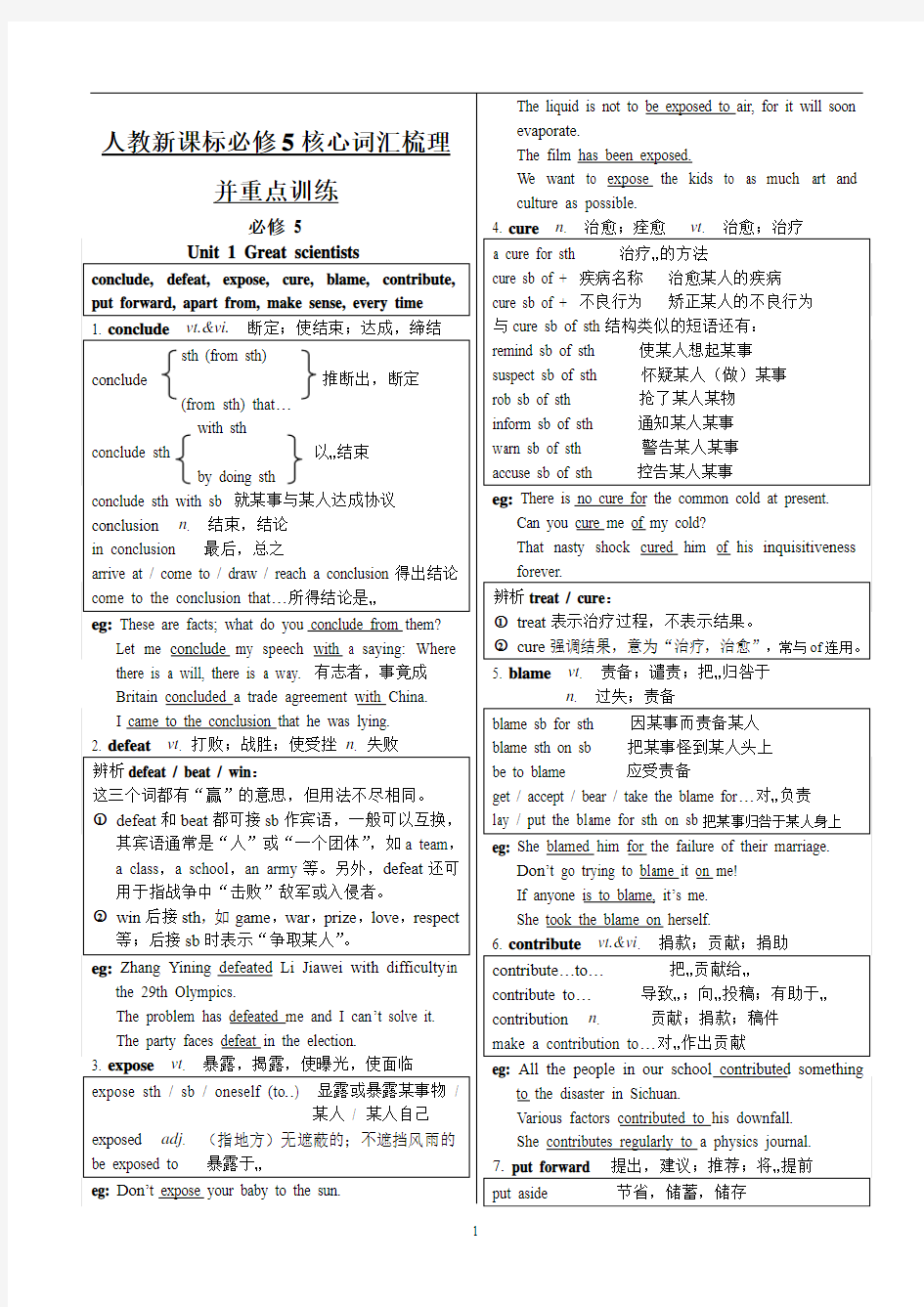 高中人教新课标英语必修5核心词汇梳理并重点训练