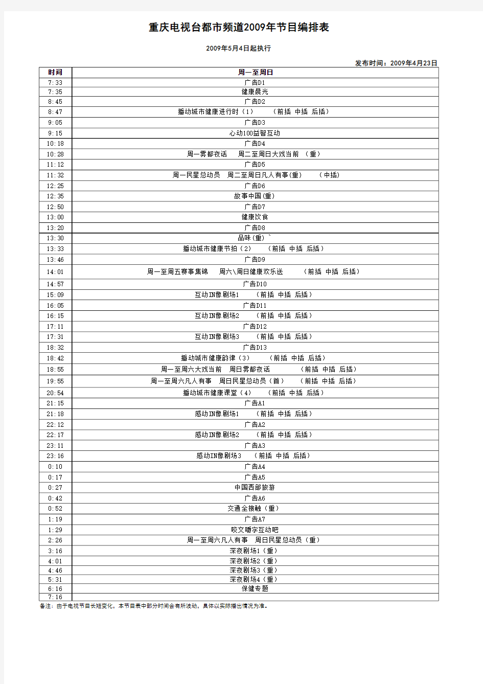 重庆电视台所以频道节目编排表