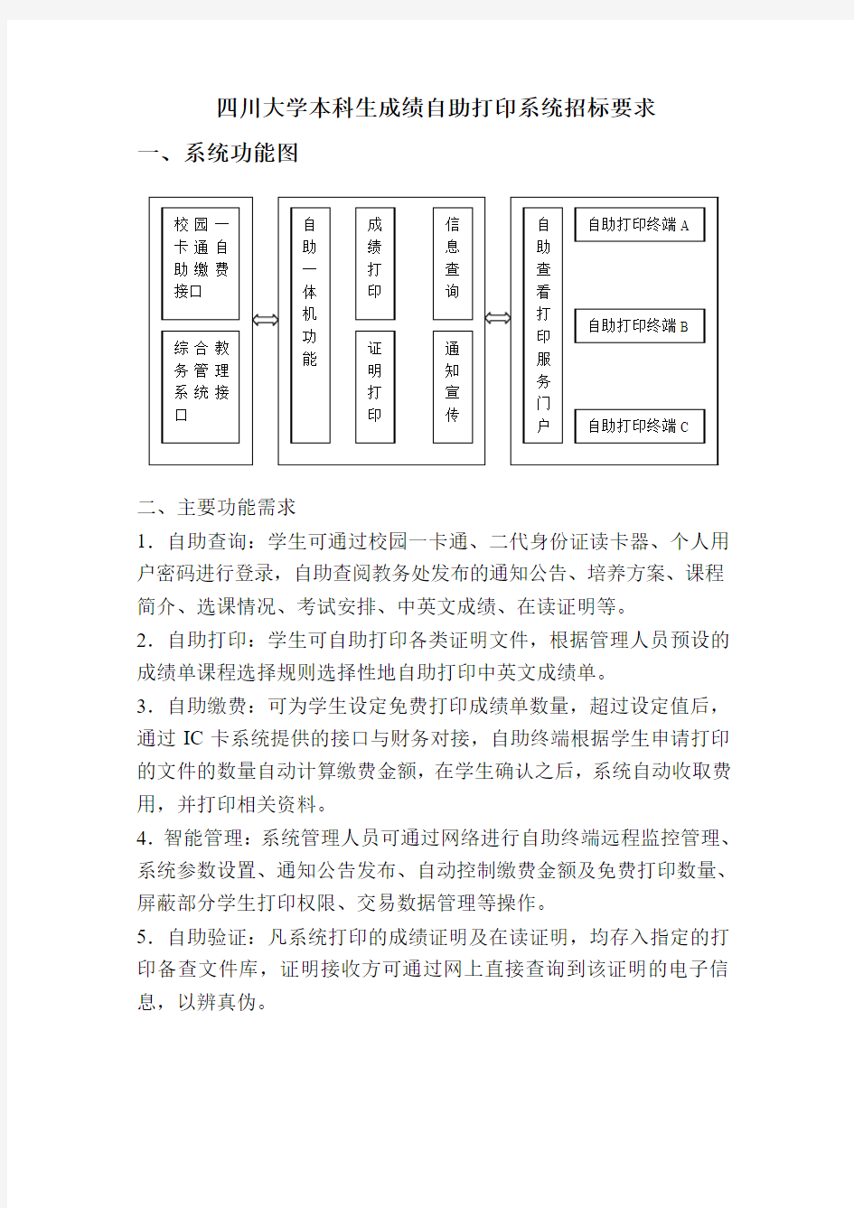 四川大学本科生成绩自助打印系统招标要求