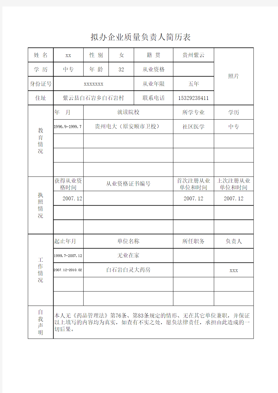 质量负责人简历表