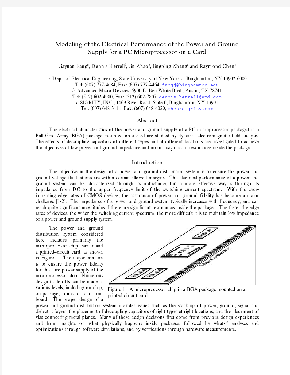 Modeling of the Electrical Performance of the Power and Ground Supply for a PC Microprocessor on a C