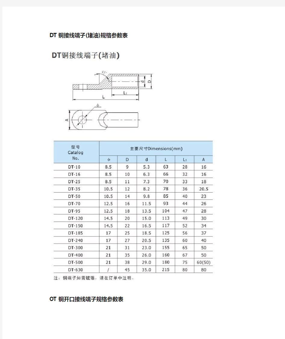 DT、OT接线端子规格参数表