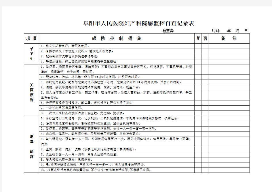 医院科室院感监控自查记录表