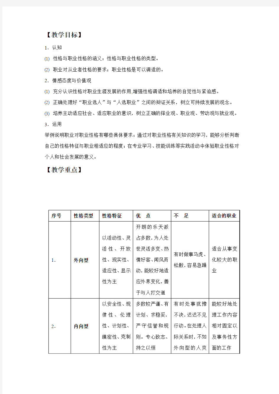 性格及其调适教案